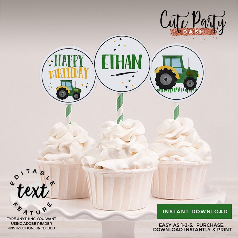 May include: Three cupcake toppers featuring a green tractor, the words "Happy Birthday", and the name "Ethan". The toppers are on white cupcake liners with white frosting.