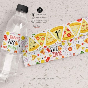 Op de afbeelding: Waterfleslabel met een pizzathema. Het label heeft een pizzapunt met de tekst "Beau's Pizz party!" en een kleiner label met de tekst "1st Pizz Time".