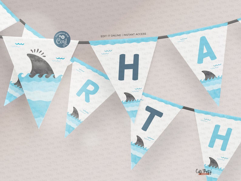 Cartel editable para fiesta de cumpleaños de tiburones: Tema playero para armar (Descarga digital) imagen 9