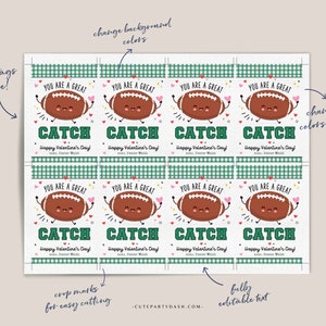 Football Valentine's Day Kids Classroom Tags Printable INSTANT DOWNLOAD You're a great CATCH Punny Editable Happy Valentines Day Pun Card