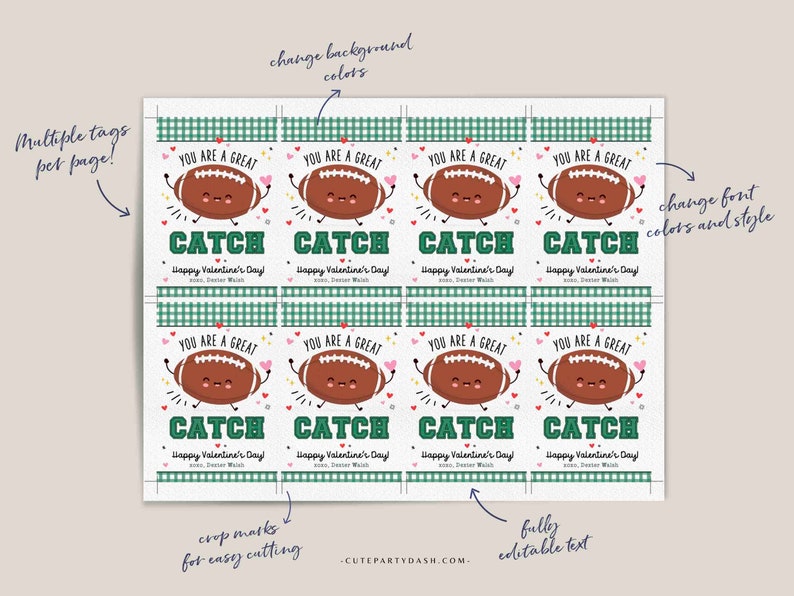 Football Valentine's Day Kids Classroom Tags Printable INSTANT DOWNLOAD You're a great CATCH Punny Editable Happy Valentines Day Pun Card