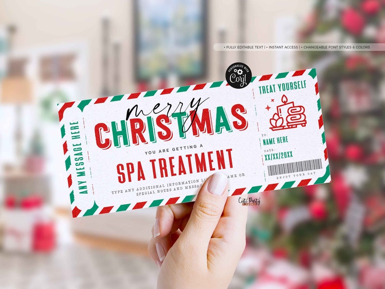 May include: A white gift certificate with red and green stripes. The text reads "Merry Christmas You Are Getting A Spa Treatment". The certificate is decorated with a candle and flowers.