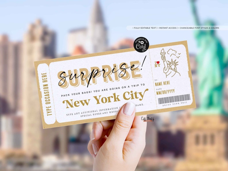 Surprise New York trip ticket Template, Editable Travel gift ticket, Surprise NYC Vacation Boarding Pass Ticket Trip INSTANT DOWNLOAD