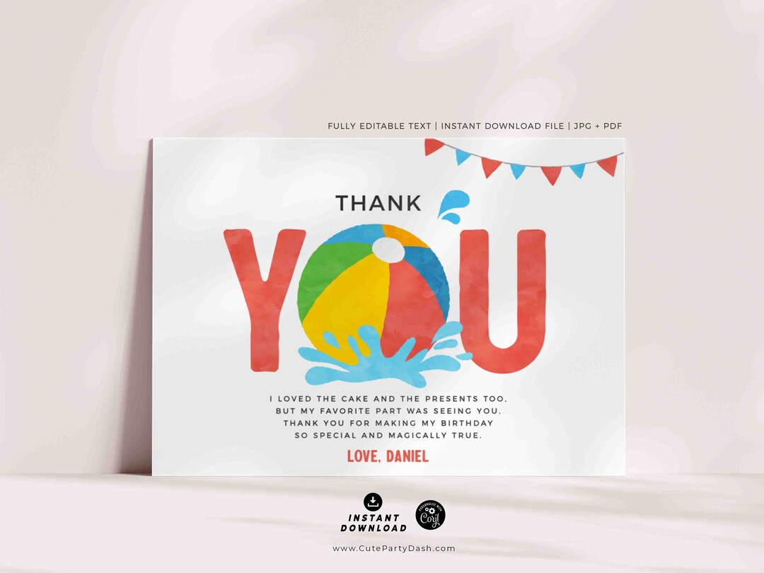 Pool Party Birthday Thank You Card Printable INSTANT DOWNLOAD Swimming ...