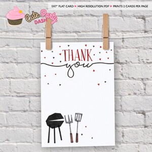 May include: A white thank you card with red and black confetti. The text "THANK you" is in red. A black and white illustration of a grill and grilling utensils is at the bottom of the card.