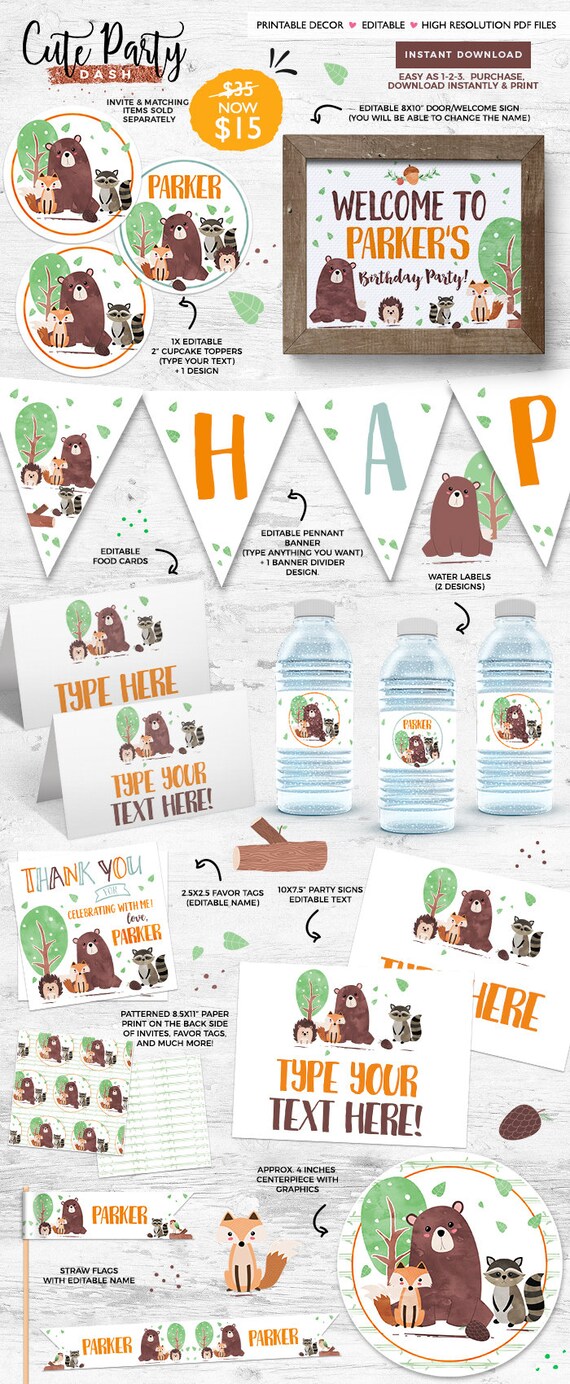 Instant Download Editable Woodland Birthday Decorations Woodland Watercolors Printable Decor Woodland Party Fox Party Woodland Animals