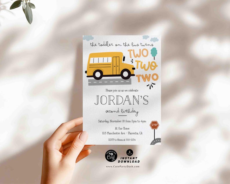 School Bus 2nd Birthday Invitation: Wheels on the Bus Party (Printable INSTANT DOWNLOAD) image 4
