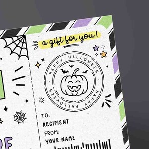 Halloween Gift Tag Certificate Template Surprise Experience Ticket Editable Voucher Certificate Fun Coupon for her kids men INSTANT DOWNLOAD