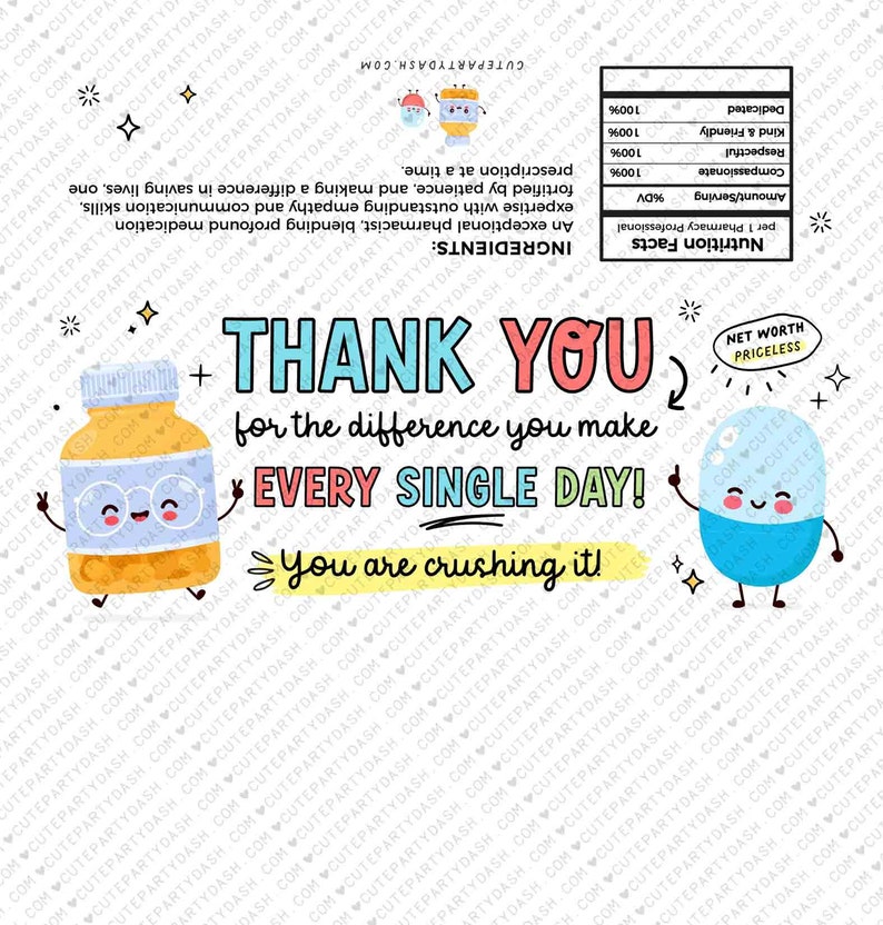 Puede incluir: Una tarjeta de agradecimiento con un dise&ntilde;o de p&iacute;ldora de dibujos animados. La tarjeta dice "&iexcl;Gracias por la diferencia que haces cada d&iacute;a! &iexcl;Lo est&aacute;s aplastando!" y tiene un valor neto incalculable.