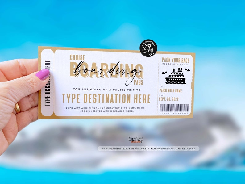 Cruise Boarding Pass Vacation Ticket Gift Voucher, Editable Gift Ticket Template, Surprise Cruise Trip gift ticket, INSTANT DOWNLOAD