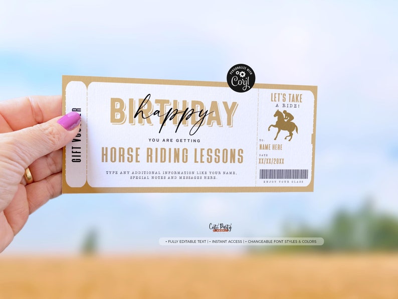 May include: A brown and white gift certificate with gold text that says "Happy Birthday" and "You are getting Horse Riding Lessons". The certificate is shaped like a ticket and has a gold silhouette of a person riding a horse.