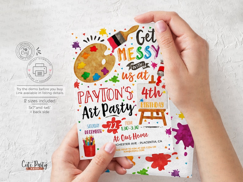 Art party Birthday invitation, Painting Birthday invite, Artsy party printable invitation, Artist Palette INSTANT DOWNLOAD
