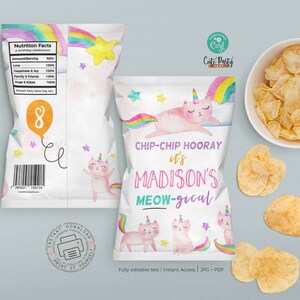 Caticorn Birthday Party chip bag wrapper, template, label