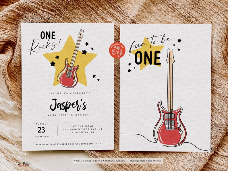 EDITABLE One Rocks Baby 1st Birthday Invitation, Rocked One Year Birthday Invitation, Rock and Roll Party Invitation, 421 INSTANT DOWNLOAD