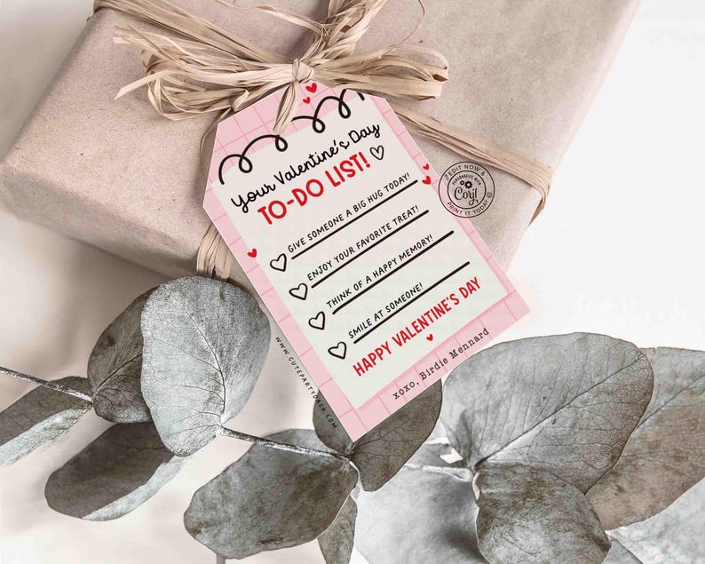Valentine’s Day To-Do List Classroom Valentine Kids Tag Printable INSTANT DOWNLOAD Happy Valentine's Day EDITABLE gift tag
