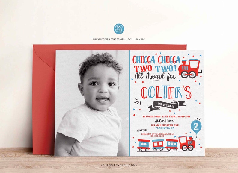 EDITABLE Chugga Chugga Choo choo Train Birthday Party Photo invitation Template, Second Birthday two two INSTANT DOWNLOAD Train Invite 386