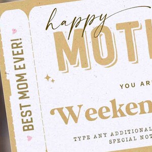Mother's Day Gift Editable Weekend Getaway Voucher Template, Surprise Trip gift ticket from Daughter, son, Travel Voucher INSTANT DOWNLOAD
