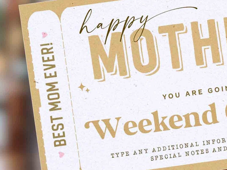 Mother's Day Gift Editable Weekend Getaway Voucher Template, Surprise Trip gift ticket from Daughter, son, Travel Voucher INSTANT DOWNLOAD