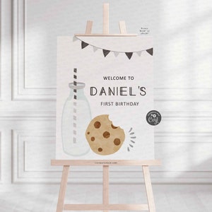 Minimalist Milk and Cookies Birthday Birthday Welcome Sign, Door sign, Birthday Poster, Editable printable Decor board INSTANT DOWNLOAD