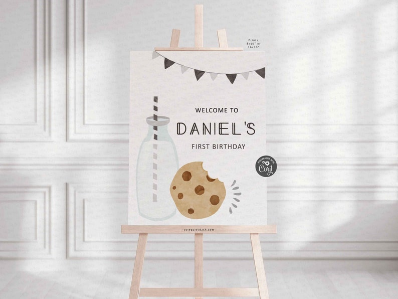 Minimalist Milk and Cookies Birthday Birthday Welcome Sign, Door sign, Birthday Poster, Editable printable Decor board INSTANT DOWNLOAD
