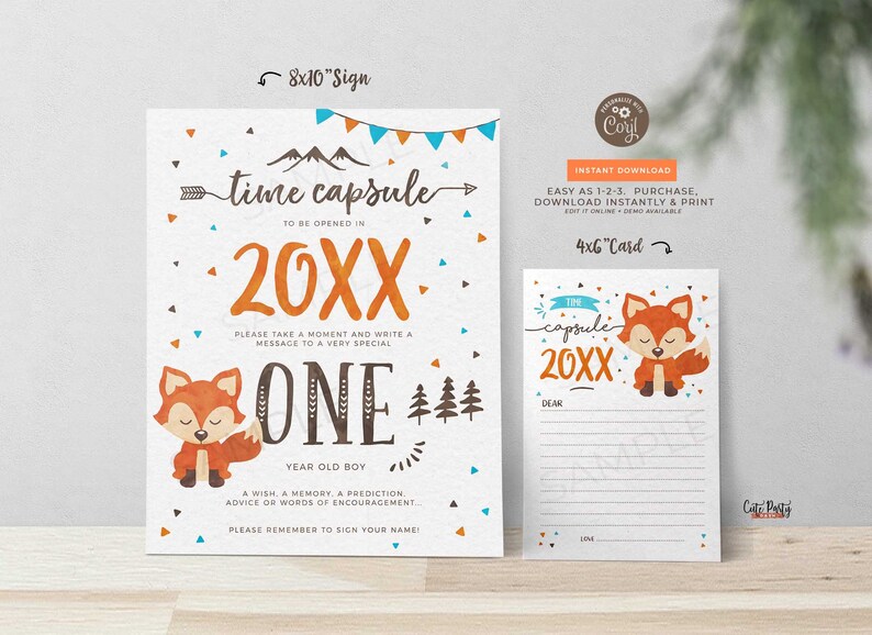 Op de afbeelding: Een printbare tijdcapsule-bord en kaartset met een schattige vos-illustratie. Het bord zegt "Time Capsule To Be Opened In 20XX" en de kaart zegt "Time Capsule 20XX".