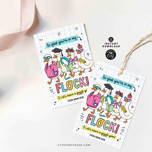 May include: Two white gift tags with a cartoon illustration of geese wearing glasses, backpacks, and graduation caps. The tags read "So glad you're in my FLOCK!" and "Let's have a great year!"