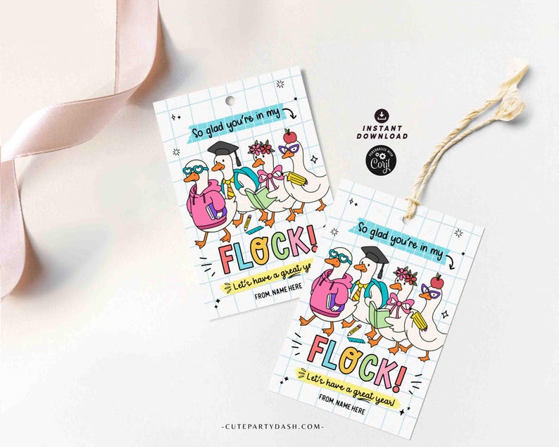 May include: Two white gift tags with a cartoon illustration of geese wearing glasses, backpacks, and graduation caps. The tags read "So glad you're in my FLOCK!" and "Let's have a great year!"