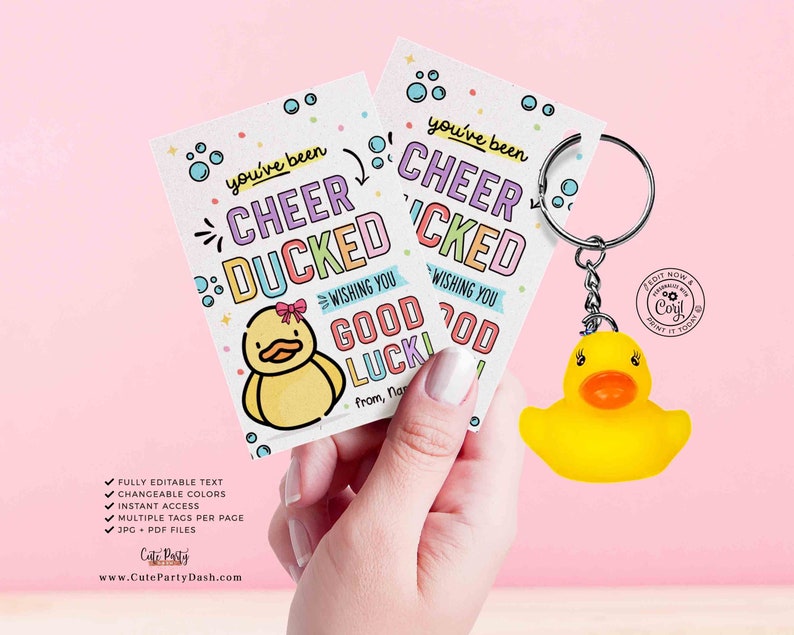 Editable You've been Cheer Ducked Tag, Cheerleader good luck treat tag, Cheer Team Printable Duck Tag, Cheer Gift ideas INSTANT DOWNLOAD