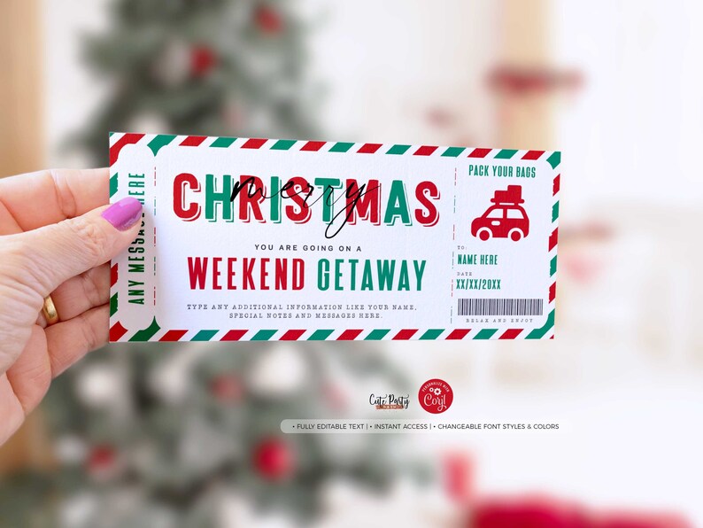 May include: A printable Christmas weekend getaway ticket with red and green stripes. The ticket says "Merry Christmas" and "You are going on a weekend getaway".