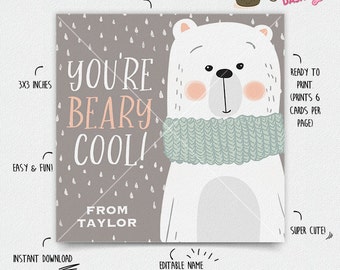 May include: A printable Valentine's Day card featuring a cute cartoon polar bear wearing a green and white scarf. The card says "You're Beary Cool!" and has space for a name. The card is 3x3 inches and prints 6 cards per page.