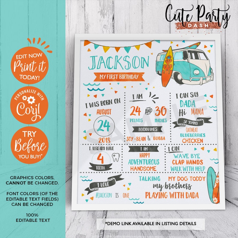 May include: A personalized first birthday poster with a beach theme. The poster features the name "Jackson", a cartoon van with surfboards, and details about the child's birth and interests. The poster is 10.9 kg and 76.2 cm.