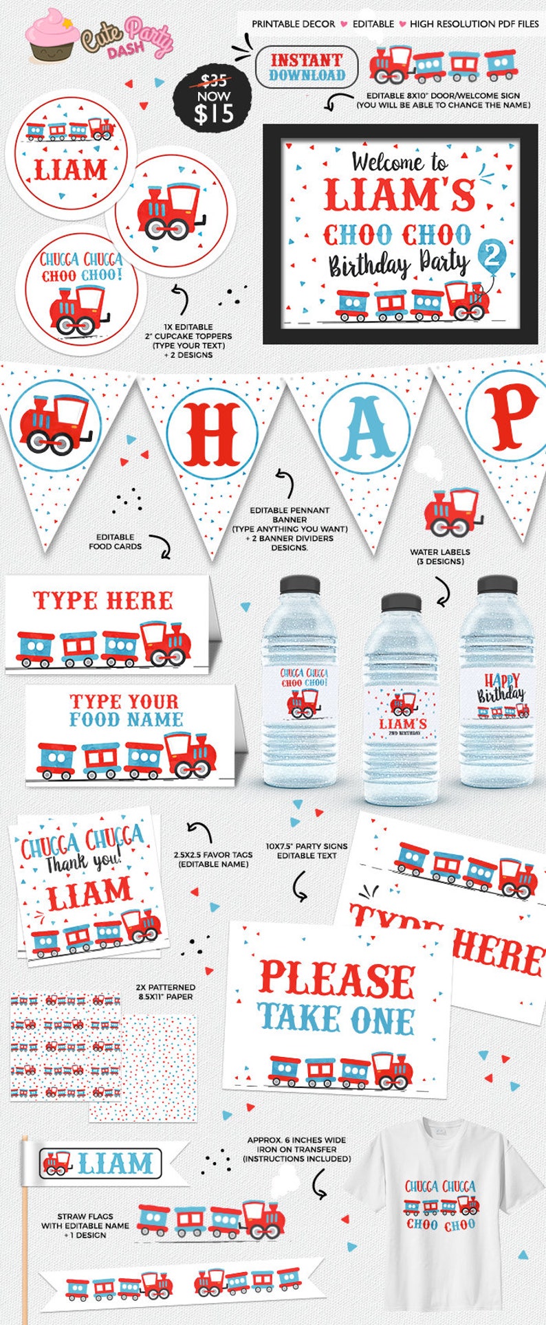 EDITABLE Chugga Chugga Choo choo Train Birthday Party decorations