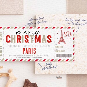 Christmas Trip to Paris Gift ticket Template, Editable Holiday ticket, Surprise France Vacation Boarding Pass Ticket Trip INSTANT DOWNLOAD
