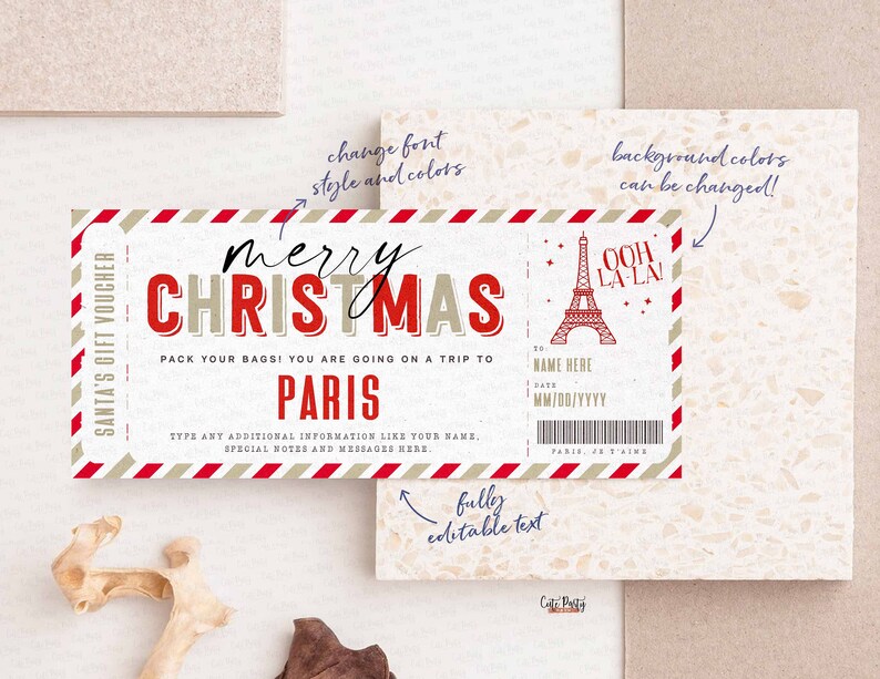 Christmas Trip to Paris Gift ticket Template, Editable Holiday ticket, Surprise France Vacation Boarding Pass Ticket Trip INSTANT DOWNLOAD