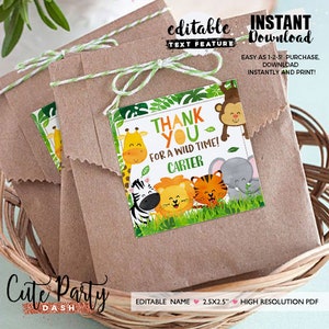 Safari Birthday Favor Tags: Editable Wild Animals Thank You (Instant Download)