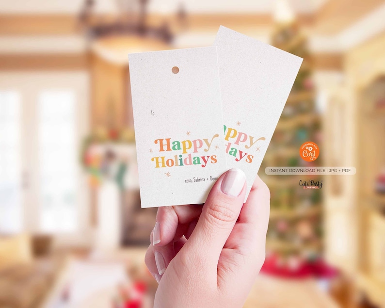 May include: Two printable gift tags with a colorful "Happy Holidays" message. The tags are made of kraft paper and have a hole punched at the top for string or ribbon.