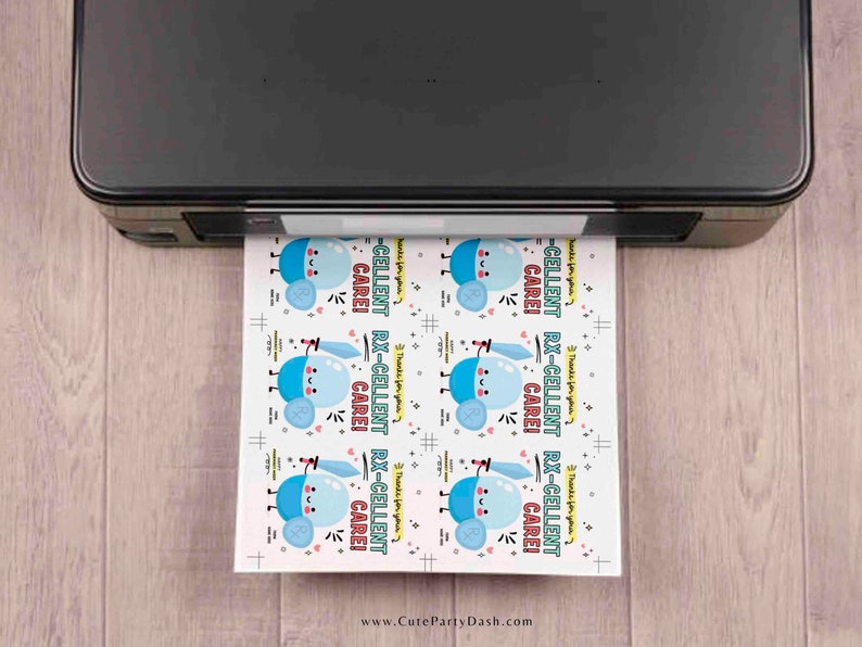May include: A sheet of printable thank you cards featuring a cartoon bubble character holding a sword. The text on the cards reads "Thanks for your -CELLENT RX-CELLENT RX-CELLENT CARE! CARE! CARE!"