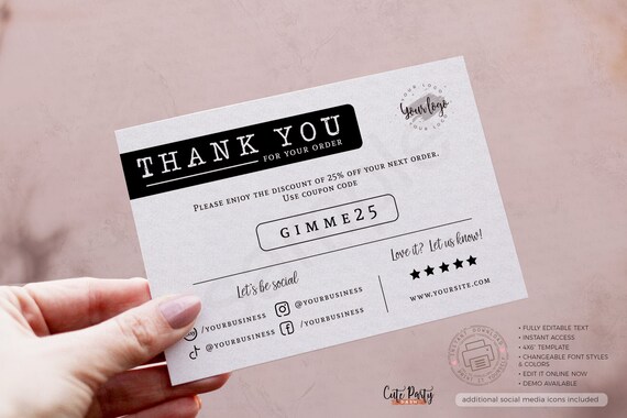 Minimalist Thank You for Your Order Insert Card Editable - Etsy