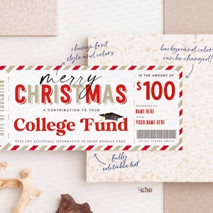 May include: A Christmas-themed gift certificate for a college fund, featuring red and beige text on a rectangular design. The certificate reads "Merry Christmas" and "College Fund" with space for personalization.