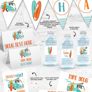 May include: Printable party decorations with a surfing theme, including cupcake toppers, a welcome sign, water bottle labels, and favour tags. Designs feature surfboards, a vintage van, and the text "Surf's Up".