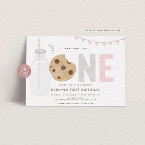 Minimal Milk and Cookies Birthday Girl invitation, INSTANT DOWNLOAD, EDITABLE Minimalist Pink Gray Printable Milk & Cookies Corjl invite