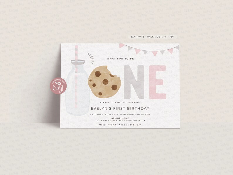 Minimal Milk and Cookies Birthday Girl invitation, INSTANT DOWNLOAD, EDITABLE Minimalist Pink Gray Printable Milk & Cookies Corjl invite