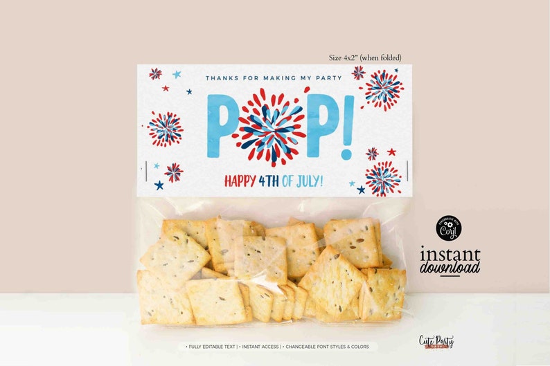 4th of July birthday party bag toppers printable INSTANT DOWNLOAD Independence Day Party EDITABLE Bag Topper Favors Little Firecracker 453