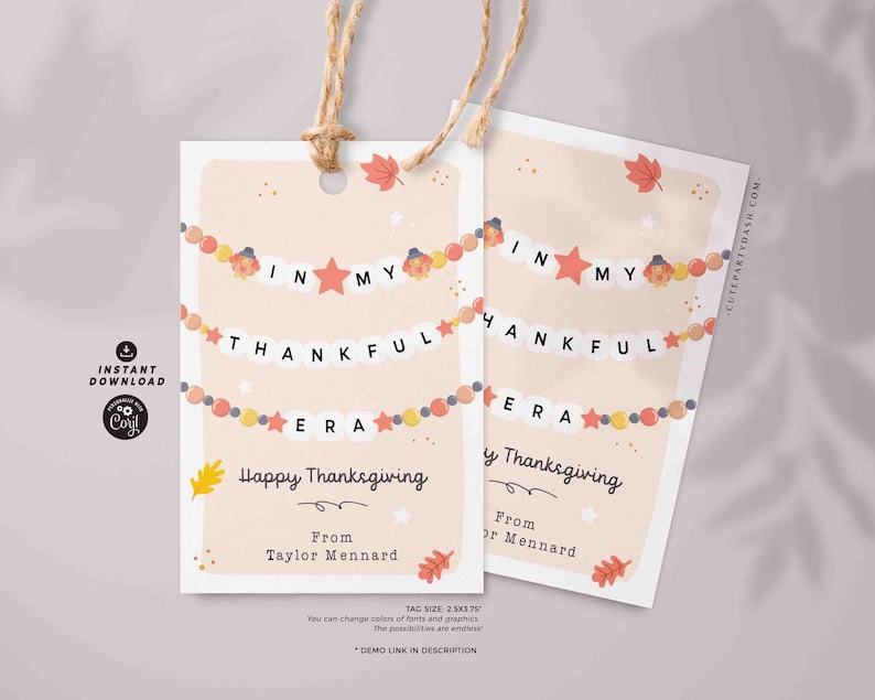 In My Thankful Era Thanksgiving Gift Tag Printable INSTANT DOWNLOAD Friendship Bracelet Trendy Thanksgiving Gratitude Favor Treat Tag