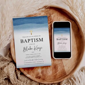 Blue Watercolor Baptism Invitation Printable INSTANT DOWNLOAD, Editable Minimalist Boy Baptism Invite, Christening invitation Template BP010