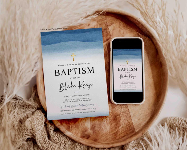 Blue Watercolor Baptism Invitation Printable INSTANT DOWNLOAD, Editable Minimalist Boy Baptism Invite, Christening invitation Template BP010