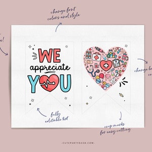 K&ouml;nnte beinhalten: Druckbare Banner mit dem Text "WE appreciate YOU" und einem Herz, das mit medizinischen Symbolen gef&uuml;llt ist. Das Banner ist rosa und wei&szlig; mit schwarzen Umrissen. Der Text ist in einer bunten Schriftart. Das Banner ist f&uuml;r einfaches Ausschneiden konzipiert.