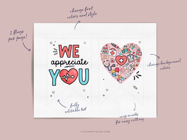 K&ouml;nnte beinhalten: Druckbare Banner mit dem Text "WE appreciate YOU" und einem Herz, das mit medizinischen Symbolen gef&uuml;llt ist. Das Banner ist rosa und wei&szlig; mit schwarzen Umrissen. Der Text ist in einer bunten Schriftart. Das Banner ist f&uuml;r einfaches Ausschneiden konzipiert.