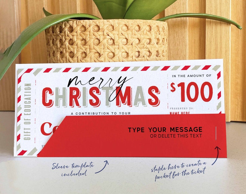 May include: A Christmas gift certificate with the words "merry CHRISTMAS" in red and gray. The certificate is for $100 and includes space to write a message. The design has red and white striped borders and a red pocket.