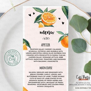 May include: A menu card with a watercolor design featuring oranges and green leaves. The menu includes appetizers and main courses. The text says "Menu" and "Edit Now & Personalize with Corjl Print it Today".